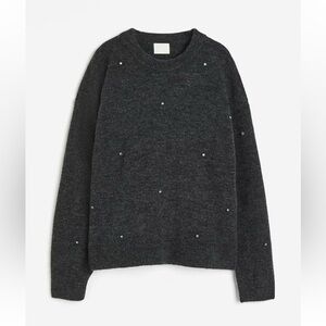 H&M Gray Embellished Beaded Sweater Medium Wool Blend Loose Fit Cozy Knit Top